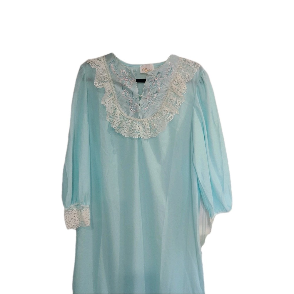 Ilise Steven's Long Night Gown Light Blue Large Trimmed In Lace NWT